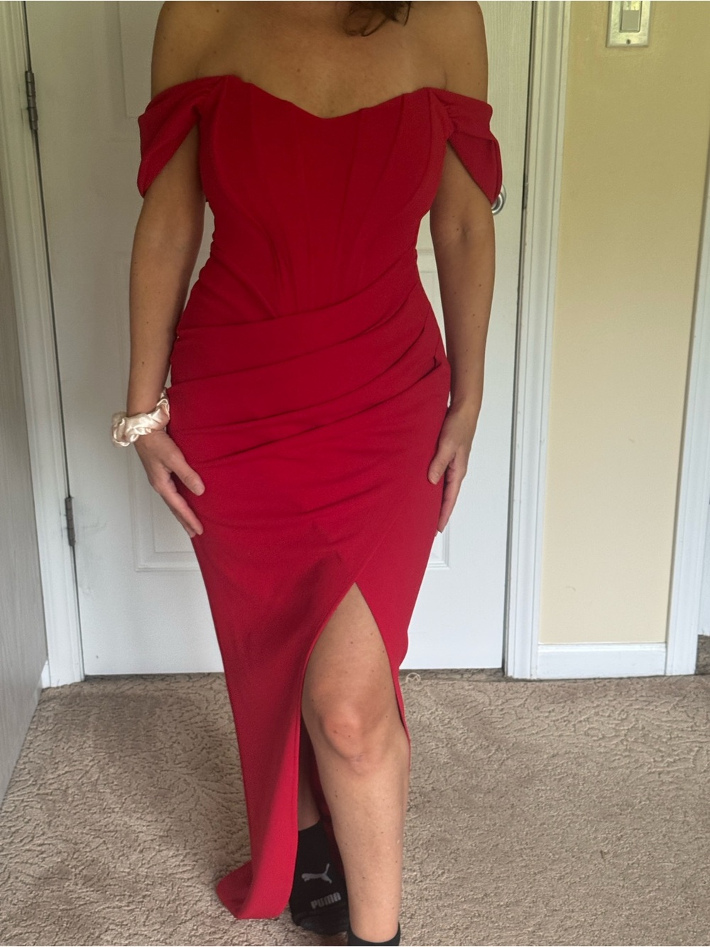 Off-Shoulder Red Evening Dress with Front Slit